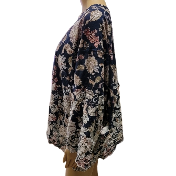 Navy Blue Open Front Kimono Style Cover Up Floral Paisley Print Embroidery OSFM - Picture 4 of 7